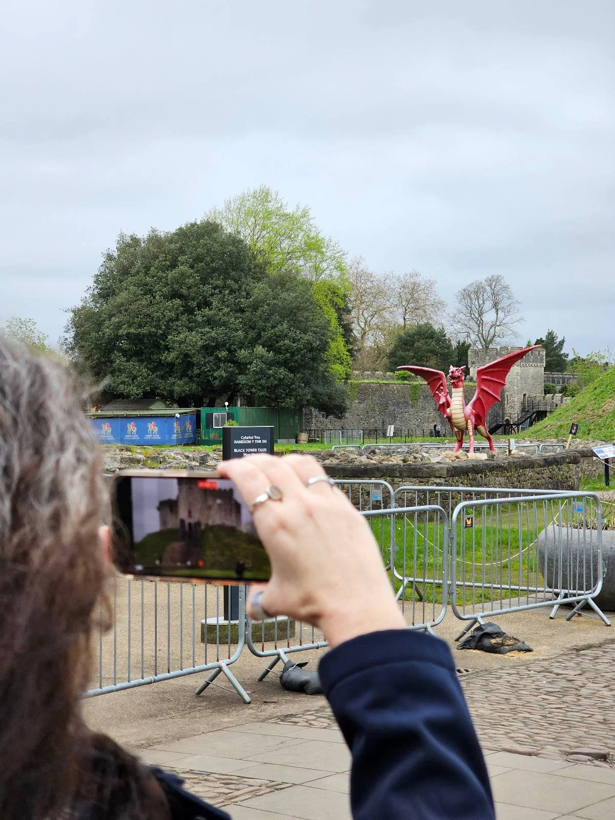 Person photographing a red dragon sculpture by a river with their smartphone.