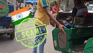 Person in yellow shirt approaches green auto rickshaw on busy street. Indian flag and "SCAM" text overlay. Urban background.