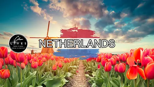 Field of red tulips with windmills under a colorful sky. "NETHERLANDS" is written across a painted Dutch flag, and a circular logo with text is on the left side of the image.