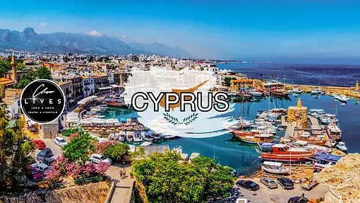 A vibrant coastal view of a harbor in Cyprus, with boats docked in turquoise water, historic stone buildings, and mountains in the background; "CYPRUS" is written in bold text—perfect inspiration for Cyprus travel and discovering heritage sites.