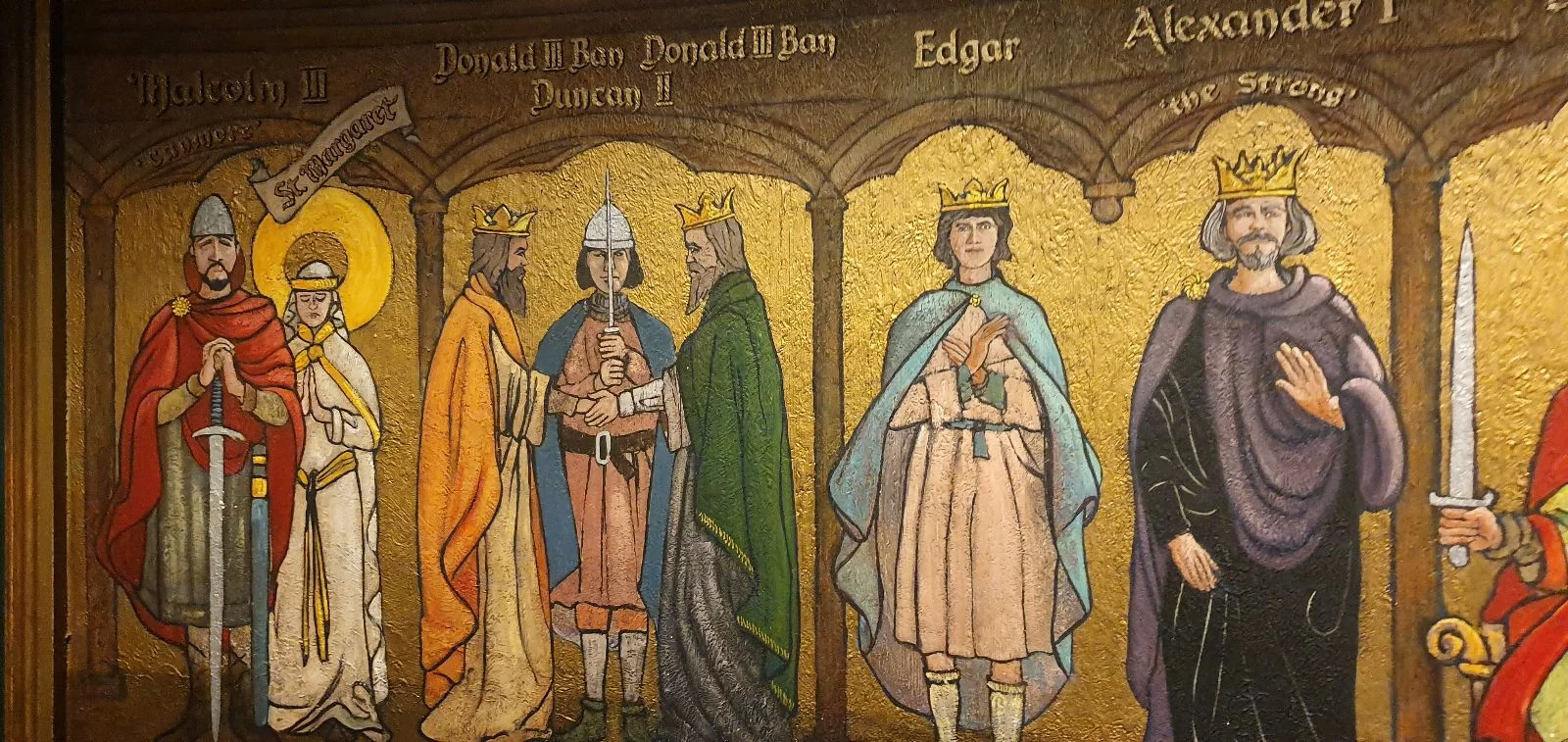 Medieval mural showing Scottish rulers including Donald III, Edgar, and Alexander I, depicted in ornate robes with halos and symbolic attire.