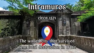 Stone archway of Intramuros with text: "circa 1571. The walled city that survived near total destruction in WW2." Lush greenery surrounds.