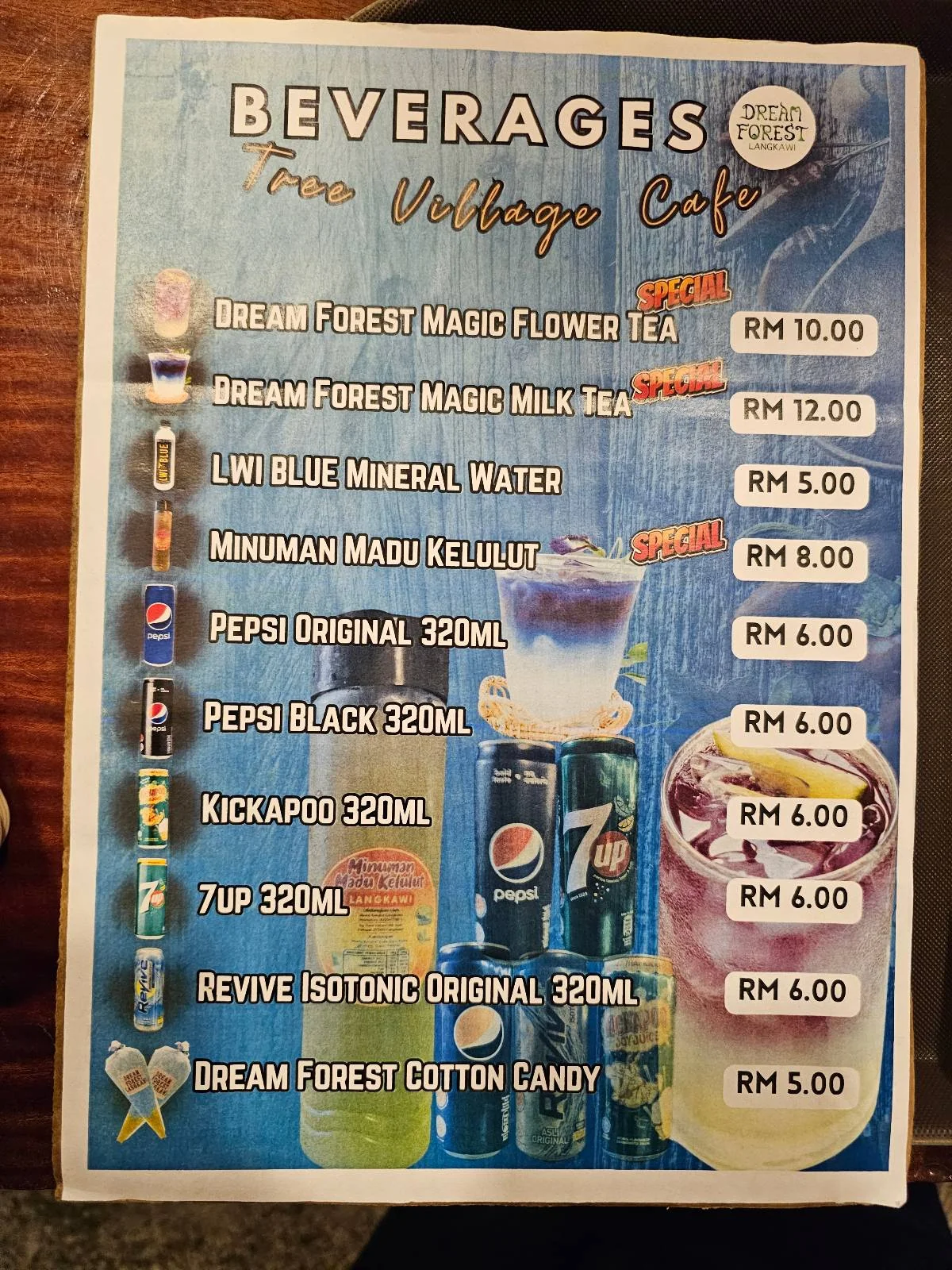 Menu titled "Beverages Tree Village Cafe" with various drinks listed. Includes names, descriptions, and prices for items like teas, soda, and cotton candy. Images of some beverages are shown, with prices in Malaysian Ringgit (RM).