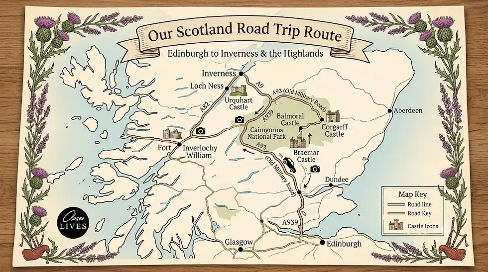 Illustrated Scotland road trip map titled Our Scotland Road Trip Route, tracing Edinburgh to Inverness, with castles and floral border.
