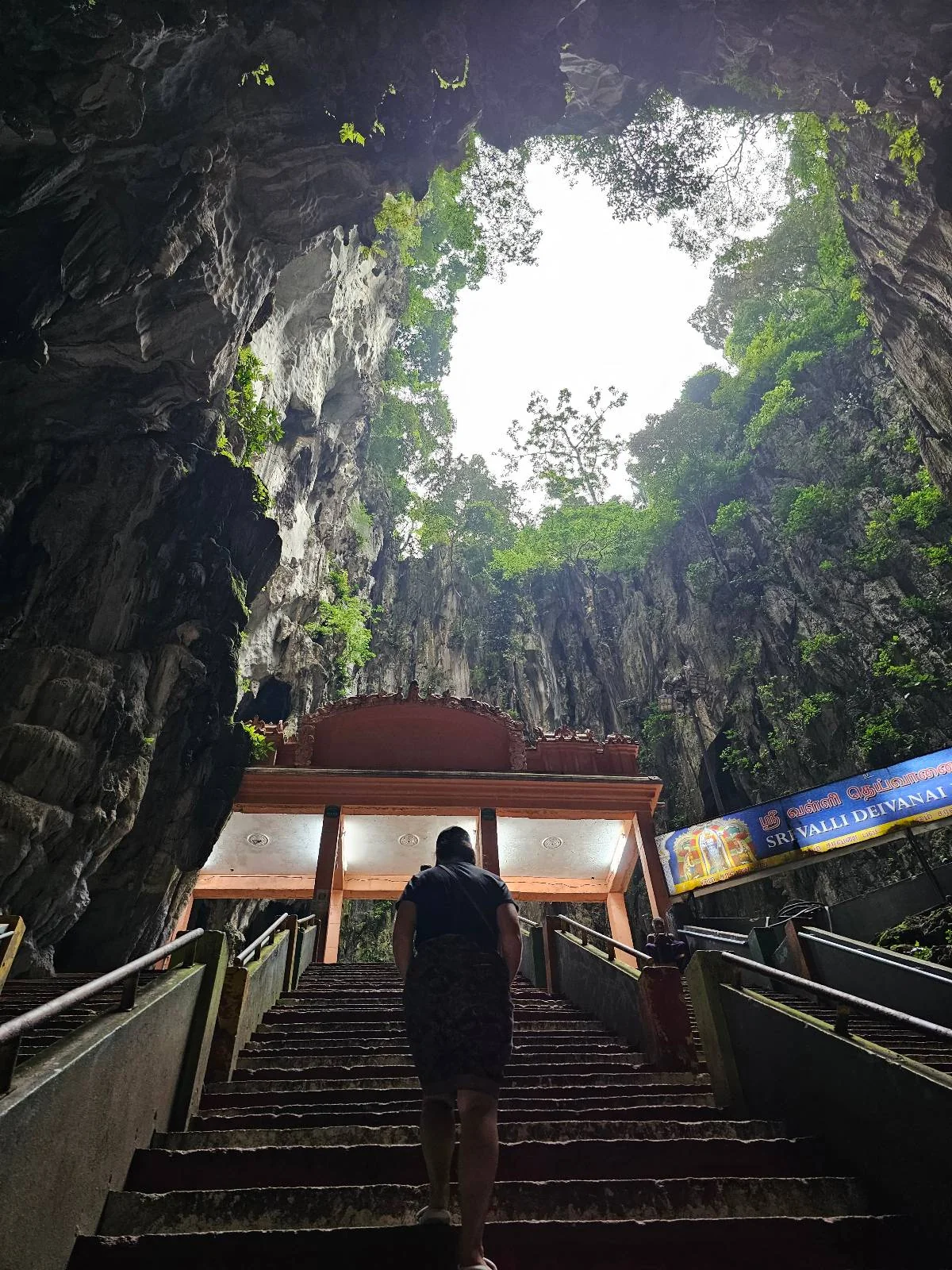 A person ascends a staircase leading into a large cave with high rock walls and greenery at the top. Light streams in from the cave's opening, illuminating the entrance and highlighting a building structure inside.