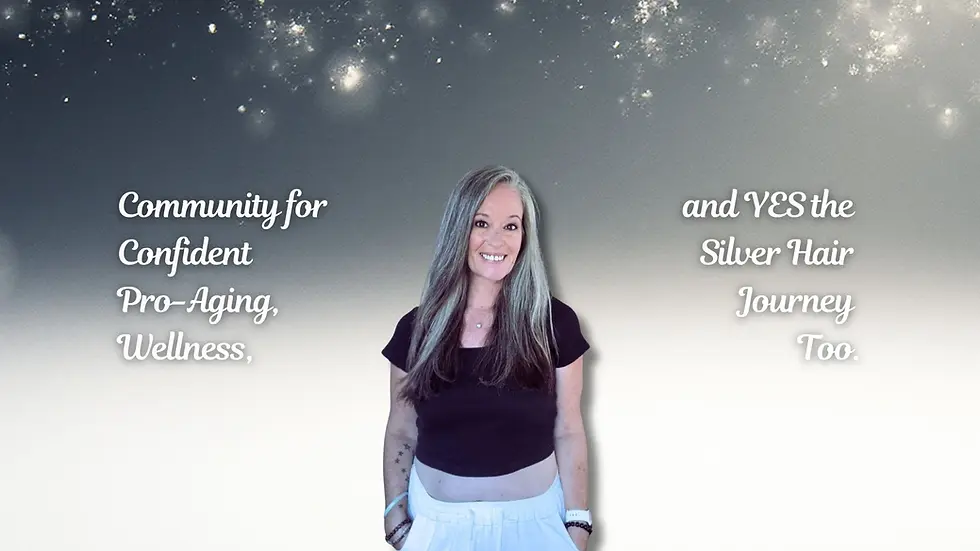 Smiling silver-haired woman on gray starry backdrop with text about pro-aging wellness and silver hair journey.