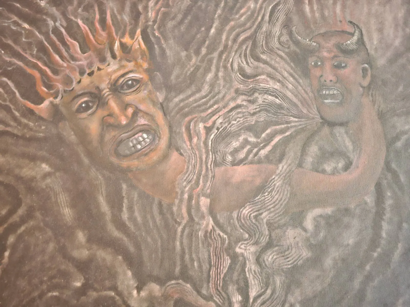 A surreal painting shows a human face with a crown of flames, gritted teeth, and an extended arm holding a mask-like head with horns against a swirling, abstract background.