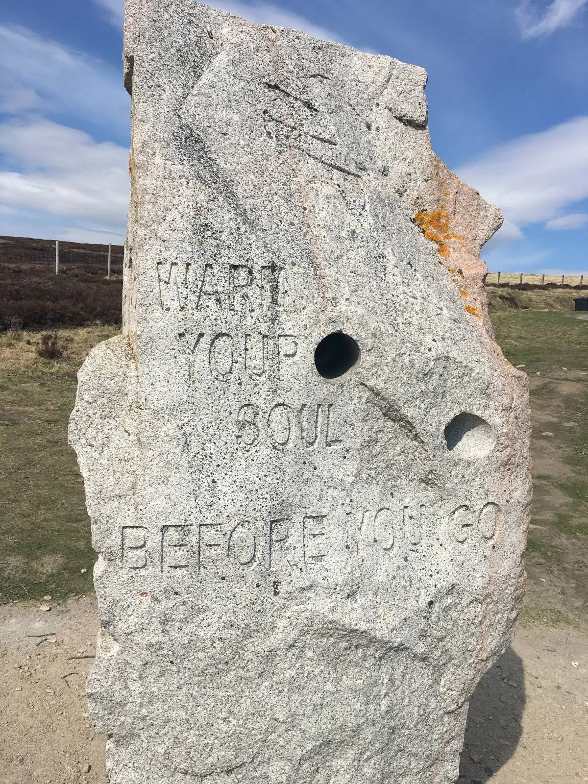 A stone sculpture with engraved text saying "Share Your Soul Before You Go", featuring circular cutouts. It's set against a background of open grassland and a partly cloudy sky.
