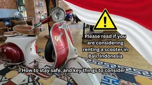 Red and white scooter indoors with a warning sign. Text: "Please read if renting a scooter in Bali." Indonesian flag background.