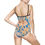 Thumbnail: A woman poses gracefully in a marbled blue and beige one-piece swimsuit, accented with a stylish back cutout.