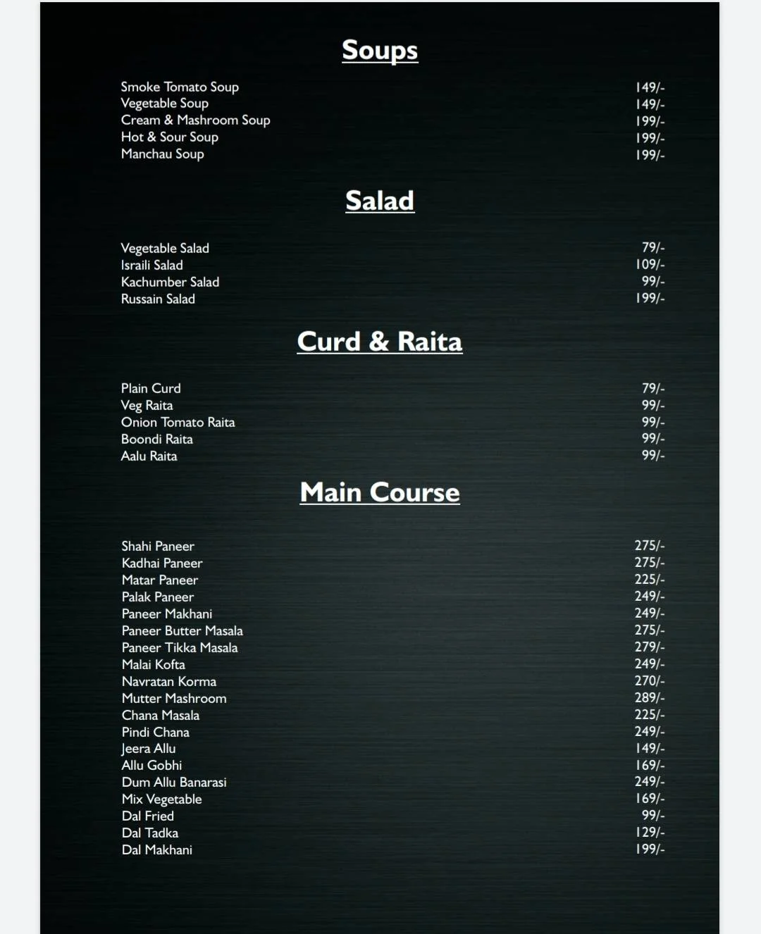 A restaurant menu on a black background lists sections for Snaps, Salad, Curd & Raita, and Main Course, with various Indian dishes and prices in white text.