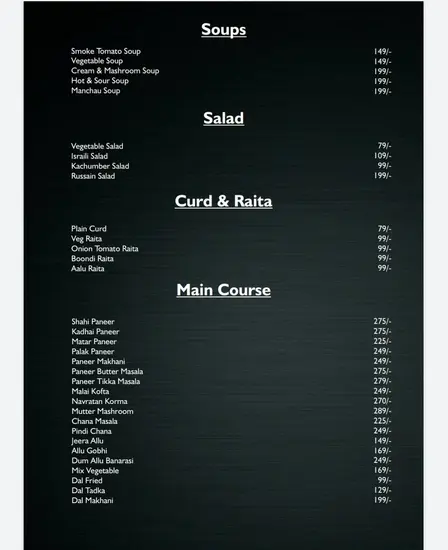 A restaurant menu on a black background lists sections for Snaps, Salad, Curd & Raita, and Main Course, with various Indian dishes and prices in white text.