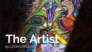 Colorful abstract artwork with intricate patterns and shapes, featuring vibrant reds, blues, and greens. Text overlay reads: "The Artist by Leon Gregori.
