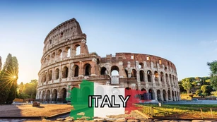 The Colosseum in Rome at sunset with a transparent Italian flag overlay and “ITALY” boldly across the center.