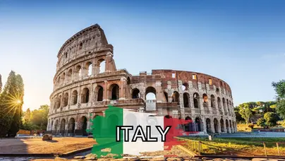 The Colosseum in Rome at sunset with a transparent Italian flag overlay and “ITALY” boldly across the center.