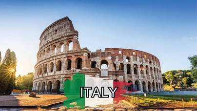 The Colosseum in Rome at sunset with a transparent Italian flag overlay and “ITALY” boldly across the center.