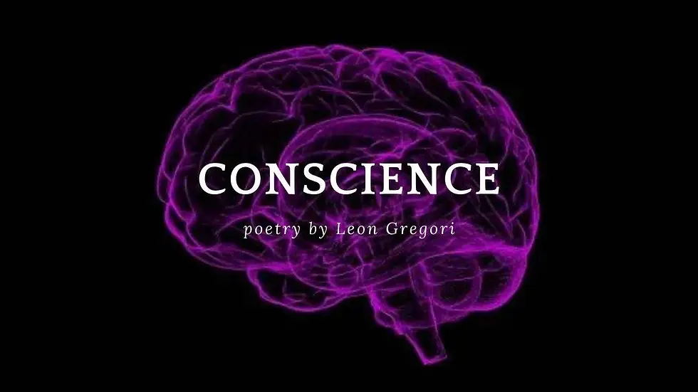 Purple brain illustration on black. The words "Conscience, poetry by Leon Gregori" are overlaid in white text. Mysterious mood.