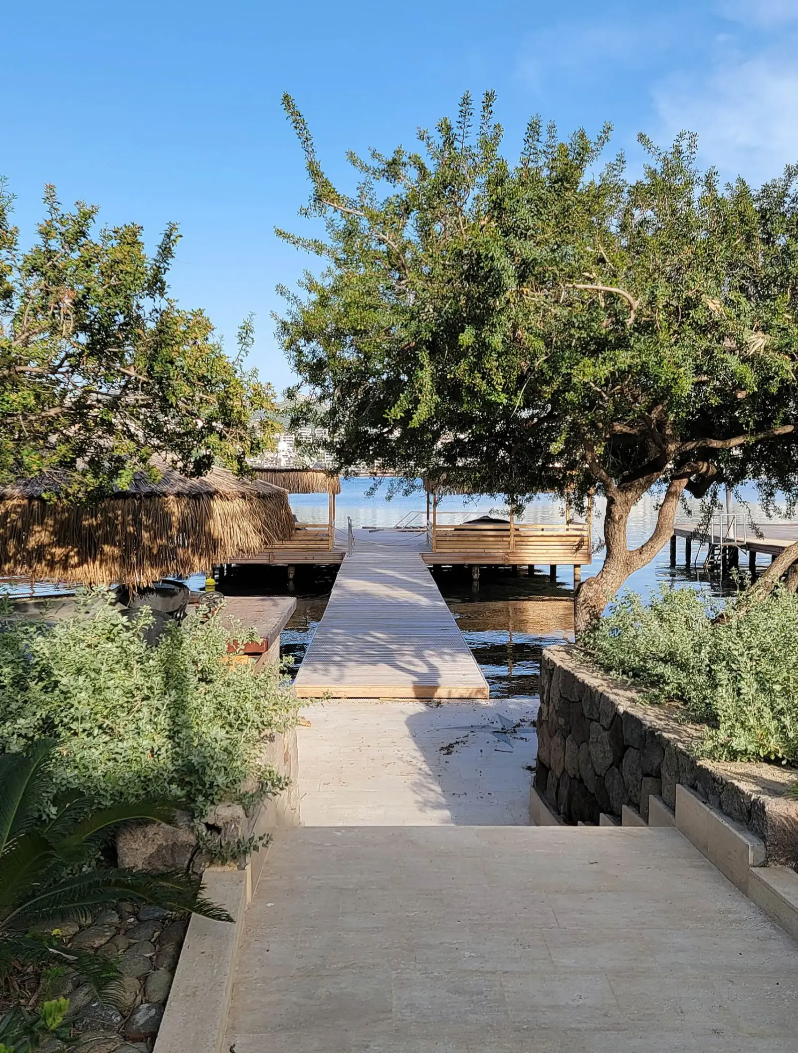 A narrow wooden pier leads to a shaded area over the water, flanked by dense greenery on both sides.