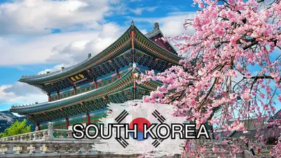 A scenic view of mountains and water in South Korea features the South Korean flag, traditional architecture on the right, and text "SOUTH KOREA" over the flag.