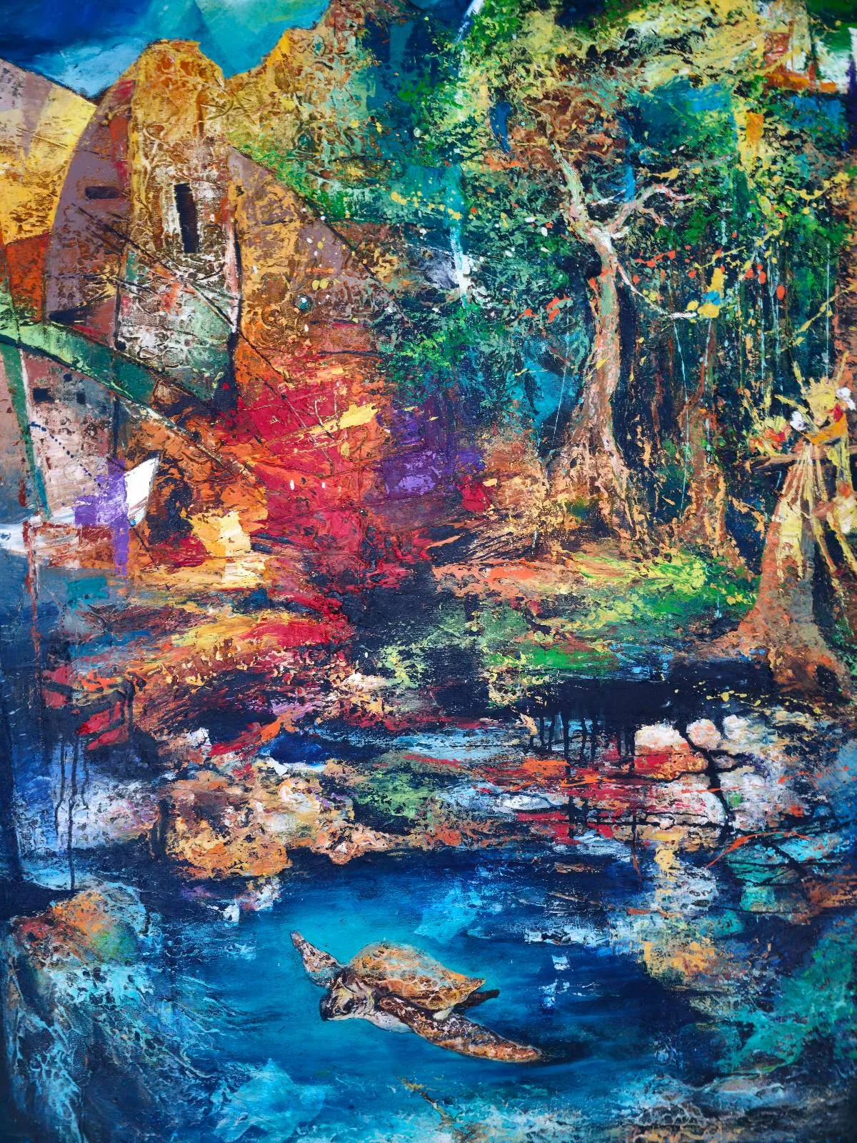 A vibrant, colorful painting depicts a dreamy forest scene with trees, a stream, sunlight filtering through foliage, and abstract splashes of orange, blue, green, and purple, creating a surreal, magical atmosphere.