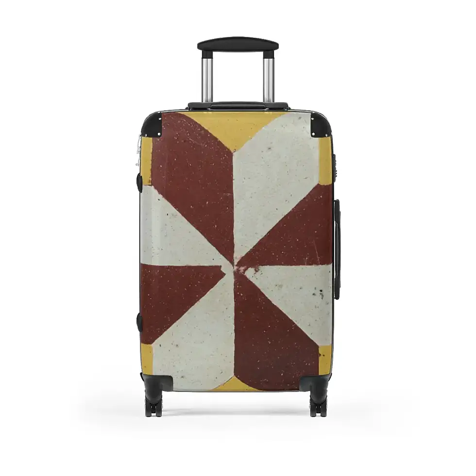 Thumbnail: A hard-shell suitcase with a geometric design featuring maroon and cream triangles, accented by yellow corners.