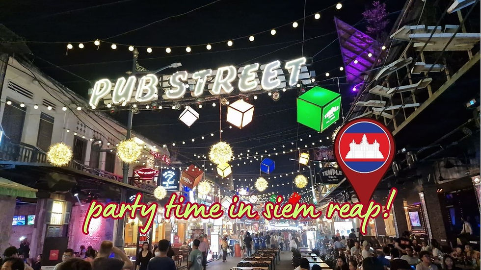 Vibrant nightlife at Pub Street in Siem Reap, Cambodia, with colorful lights and bustling atmosphere.