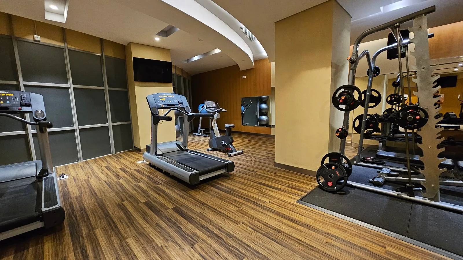 A modern gym with wooden flooring, featuring two treadmills on the left, exercise balls, and a set of free weights on racks to the right. The room is well-lit with a mirror on the far wall and a TV mounted above the treadmills.