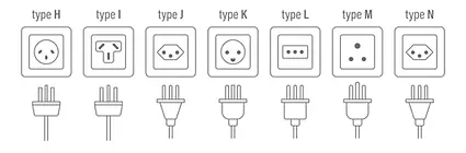 A line drawing chart showing seven different types of electrical wall sockets and their corresponding three-pronged plugs, labeled Type H, Type I, Type J, Type K, Type L, Type M, and Type N.