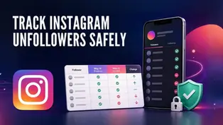 Promo graphic with Instagram logo, phone dashboard, and table reading Track Instagram Unfollowers Safely on a dark neon background.