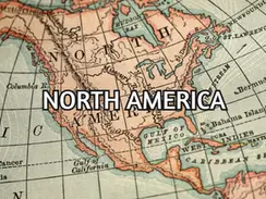 A vintage map of North America with a compass on the left. Large text across the center reads "NORTH AMERICA."