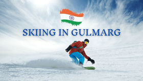 Skier in red and blue gear on snowy slope with blue sky. Text: "SKIING IN GULMARG" and Indian flag. Energetic and scenic.
