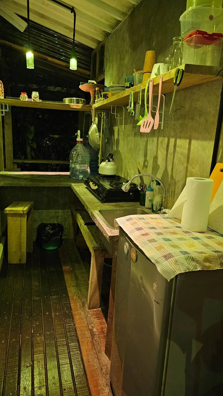 A small tropical garden with lush green plants surrounds a wooden house. Steps made of concrete and wood lead to a glass door. Large leaves add to the vibrant, natural setting, and a wooden entrance is visible in the background.