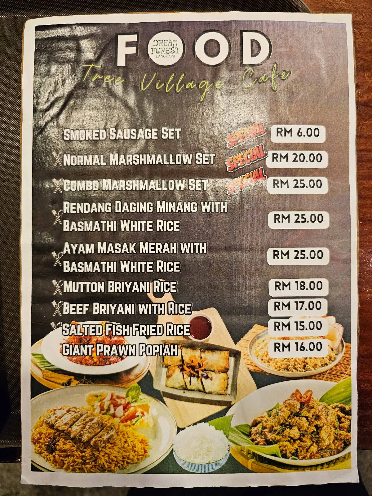 A menu from a cafe lists various food items with prices in Malaysian Ringgit. Dishes include sausage sets, rendang, ayam masak merah, mutton briyani, beef briyani, salted fish fried rice, and giant prawn noodles.