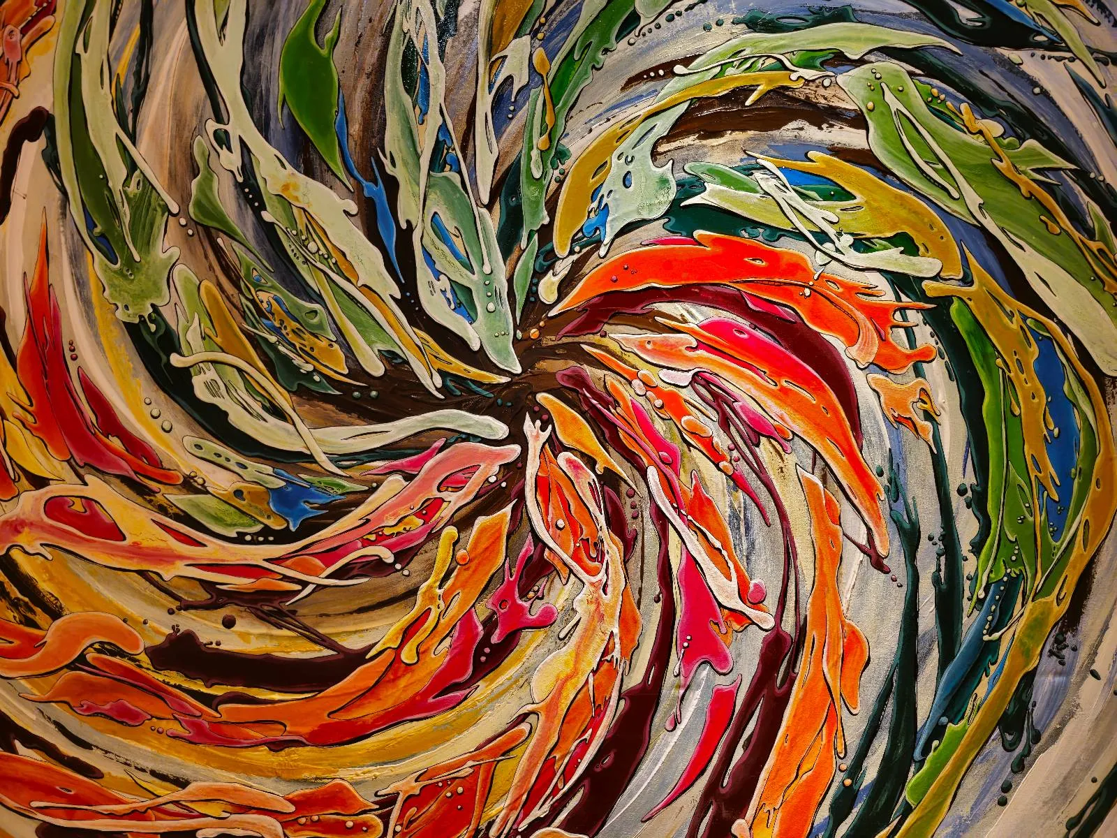 Abstract painting with swirling, vibrant colors including red, orange, yellow, green, blue, and white, creating a dynamic spiral pattern with textured paint strokes.