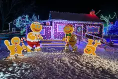 A festive scene in a winter wonderland features colorful, illuminated gingerbread figures and a gingerbread house adorned with lights. The snowy ground enhances this historic village tableau, while the dark night sky highlights the vibrant holiday decorations.
