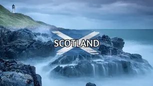 Rocky coastline with waves crashing against the shore. Text reading "Scotland" is superimposed over an image of Scotland's flag.