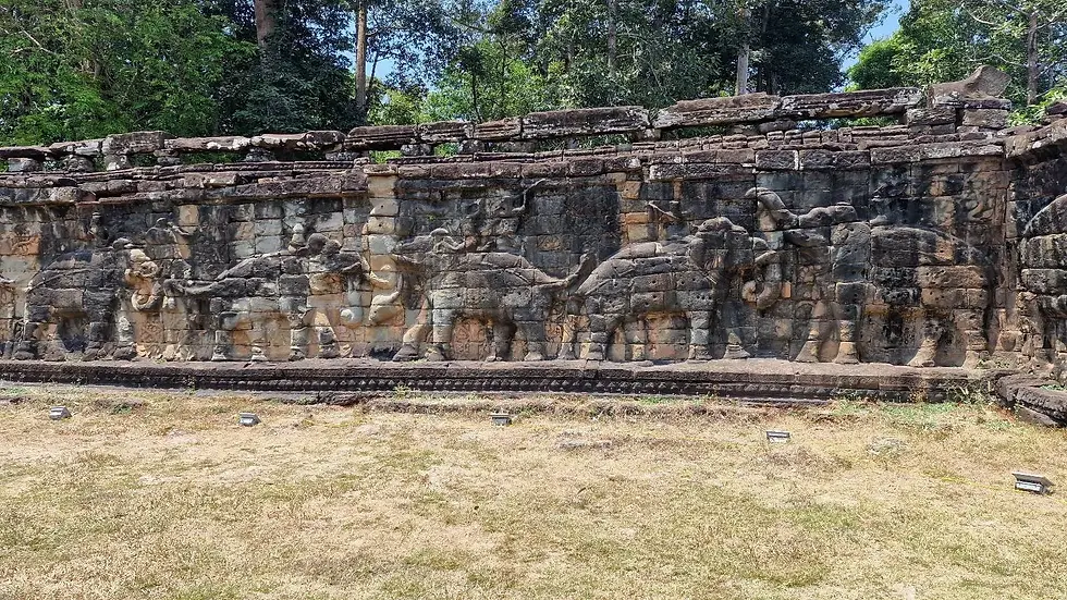 Ancient stone relief of elephants on a temple wall, set amid lush greenery under a clear blue sky, conveying historical significance.