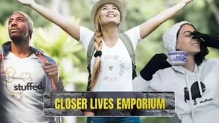 Three people outdoors, with one wearing a stuffed turkey shirt, another raising arms wearing a straw hat, and a third with a hoodie featuring a black turkey graphic drinking from a mug. Text: "CLOSER LIVES EMPORIUM.