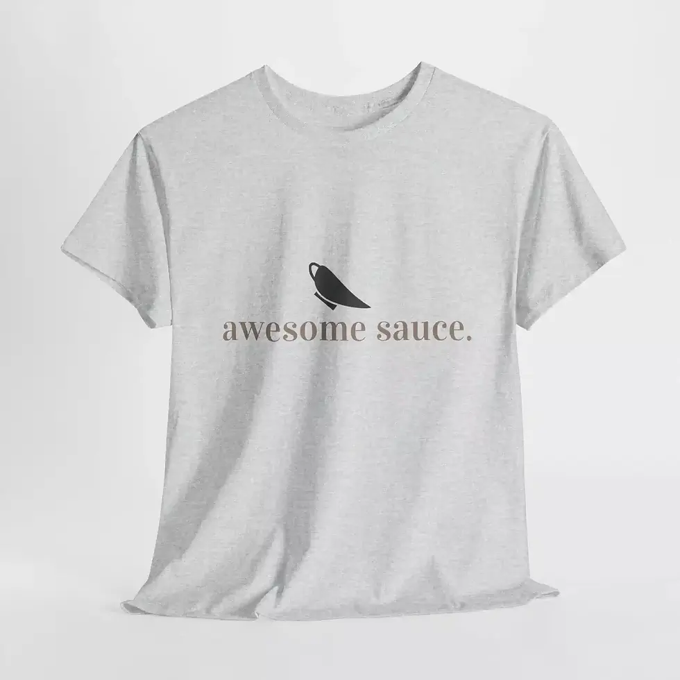 Thumbnail: A white T-shirt features a minimalist design with the text "AWESOME SAUCE" and a small gravy boat silhouette in the center.