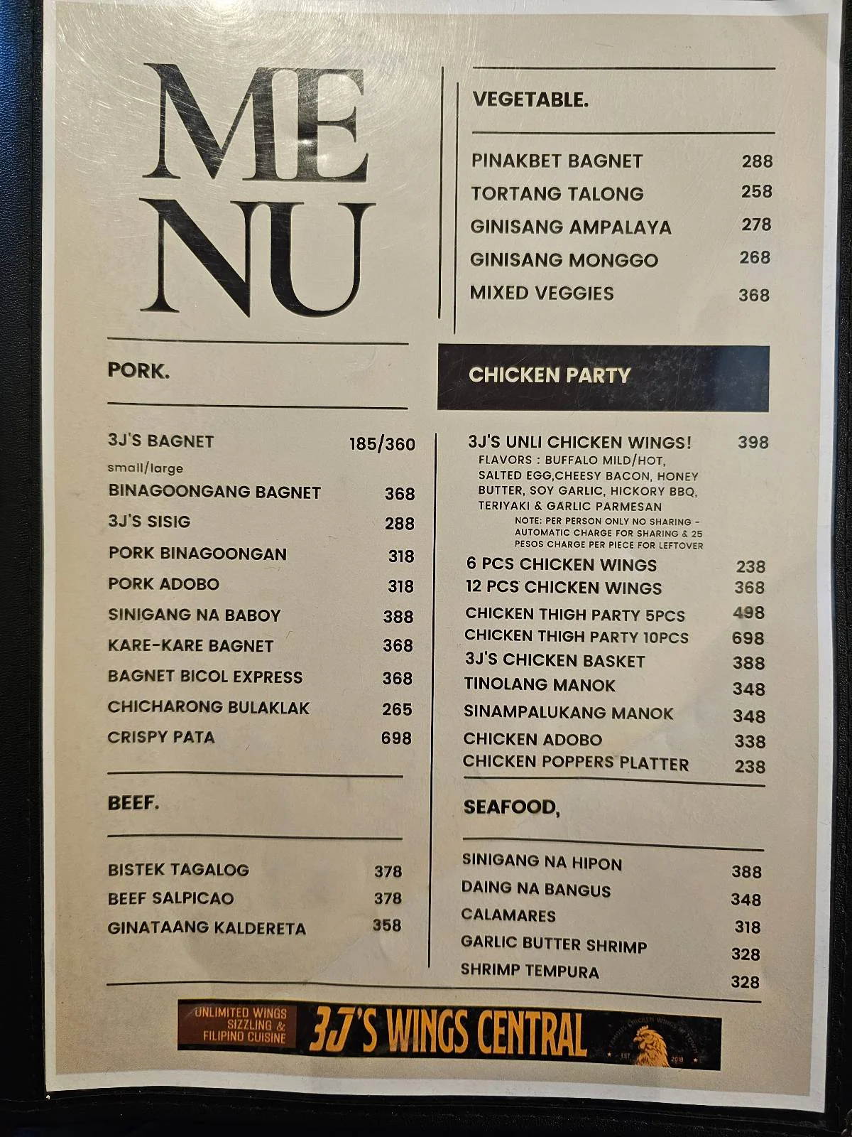 A menu from 3J's Wings Central. Categories include Pork, Beef, Vegetable, and Chicken Party. Various dishes and prices are listed under each category.