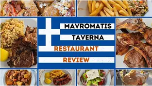 Collage of Greek dishes: lamb chops, fries, salad with feta, and dessert. Text reads "Mavromatis Taverna Restaurant Review" on Greek flag.
