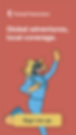 Illustration of a cartoon character dressed as a traveler with a backpack and snorkel, smiling and pointing upward. Background reads "Nomad Insurance: Global adventures, local coverage." A yellow button at the bottom says "Sign me up.