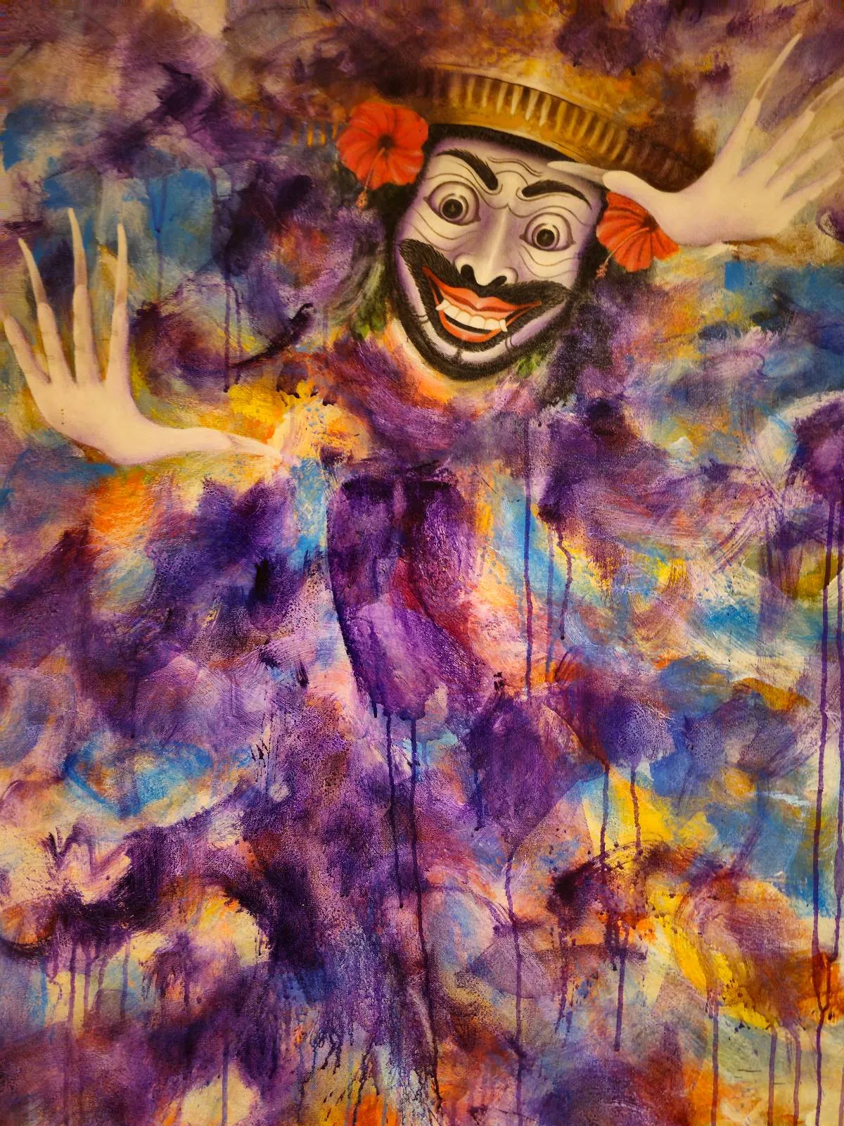 A colorful abstract painting of a smiling, masked clown wearing a crown and red flowers, with both hands raised. The background features bold strokes of purple, blue, and yellow.
