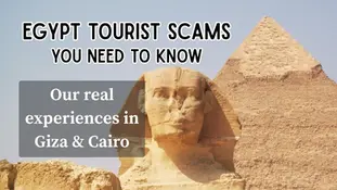 Sphinx and pyramids under a clear sky with text: "Egypt Tourist Scams You Need to Know" and "Our real experiences in Giza & Cairo".