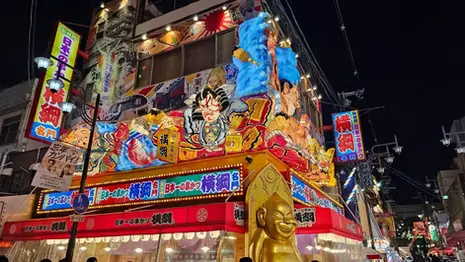 Neon-lit restaurant signage and storefronts in Dōtonbori, Osaka, photographed at night.