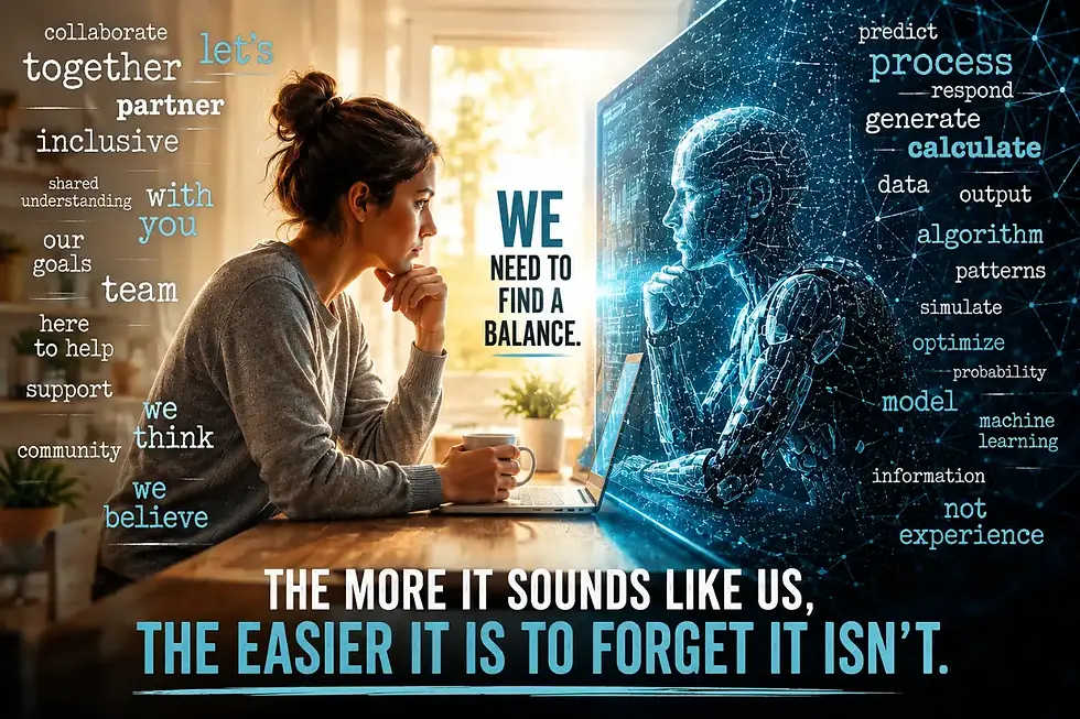 A person working on a laptop with an AI interface displaying "WE NEED TO FIND A BALANCE," highlighting the psychological risks of machine communication.