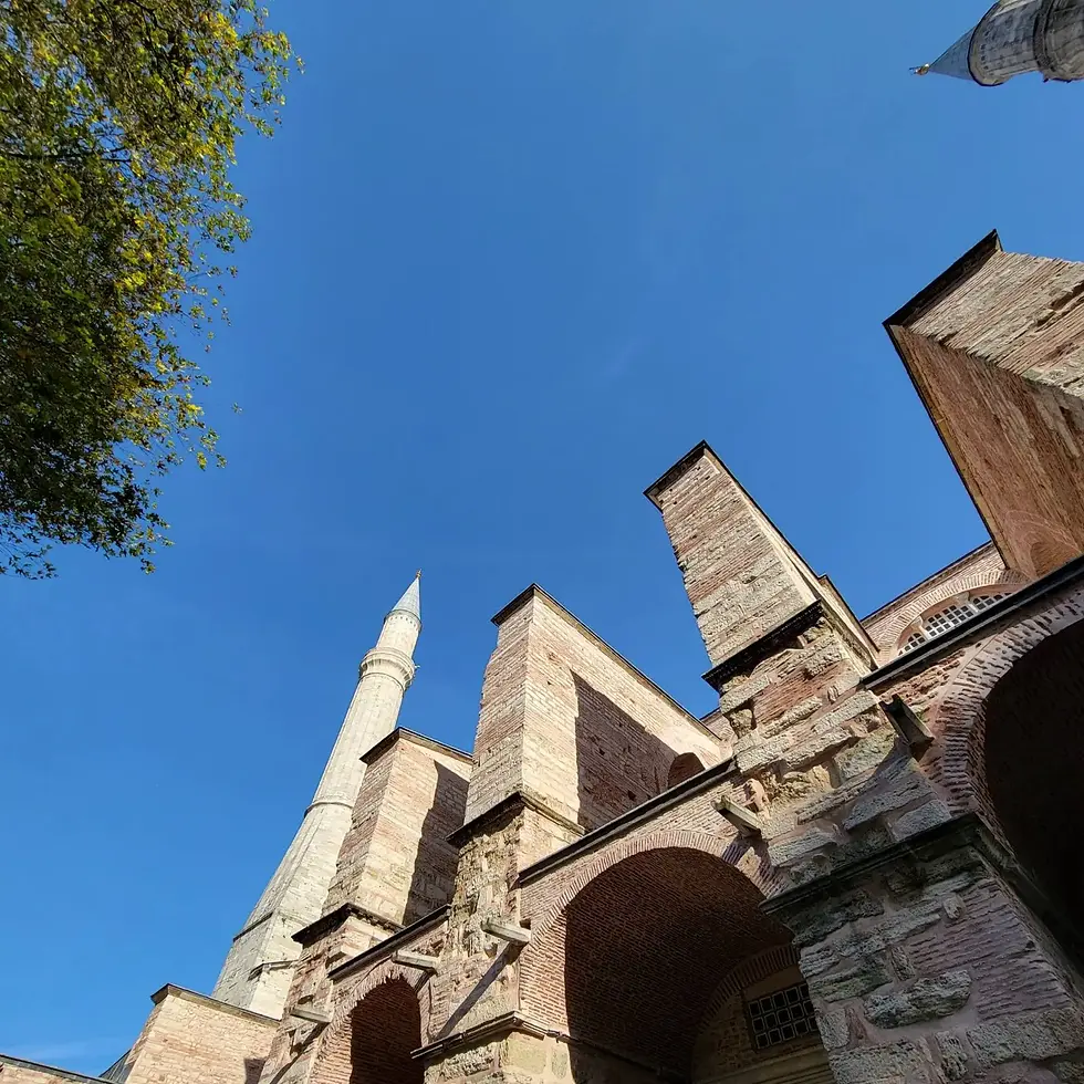View of a historic stone building with arched windows and tall minarets against a clear blue sky, partially framed by tree branches.