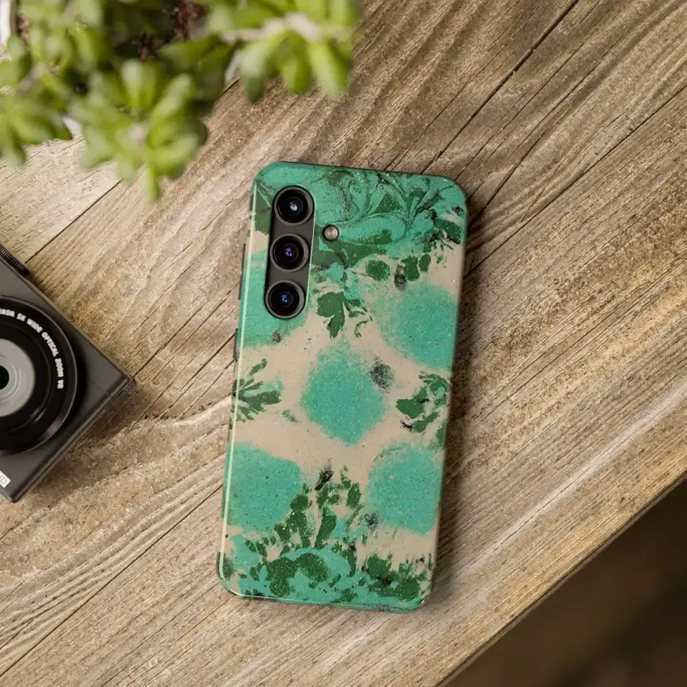 Green botanical tile phone case for Samsung S23 from Mexican Tile Style collection lifestyle view.