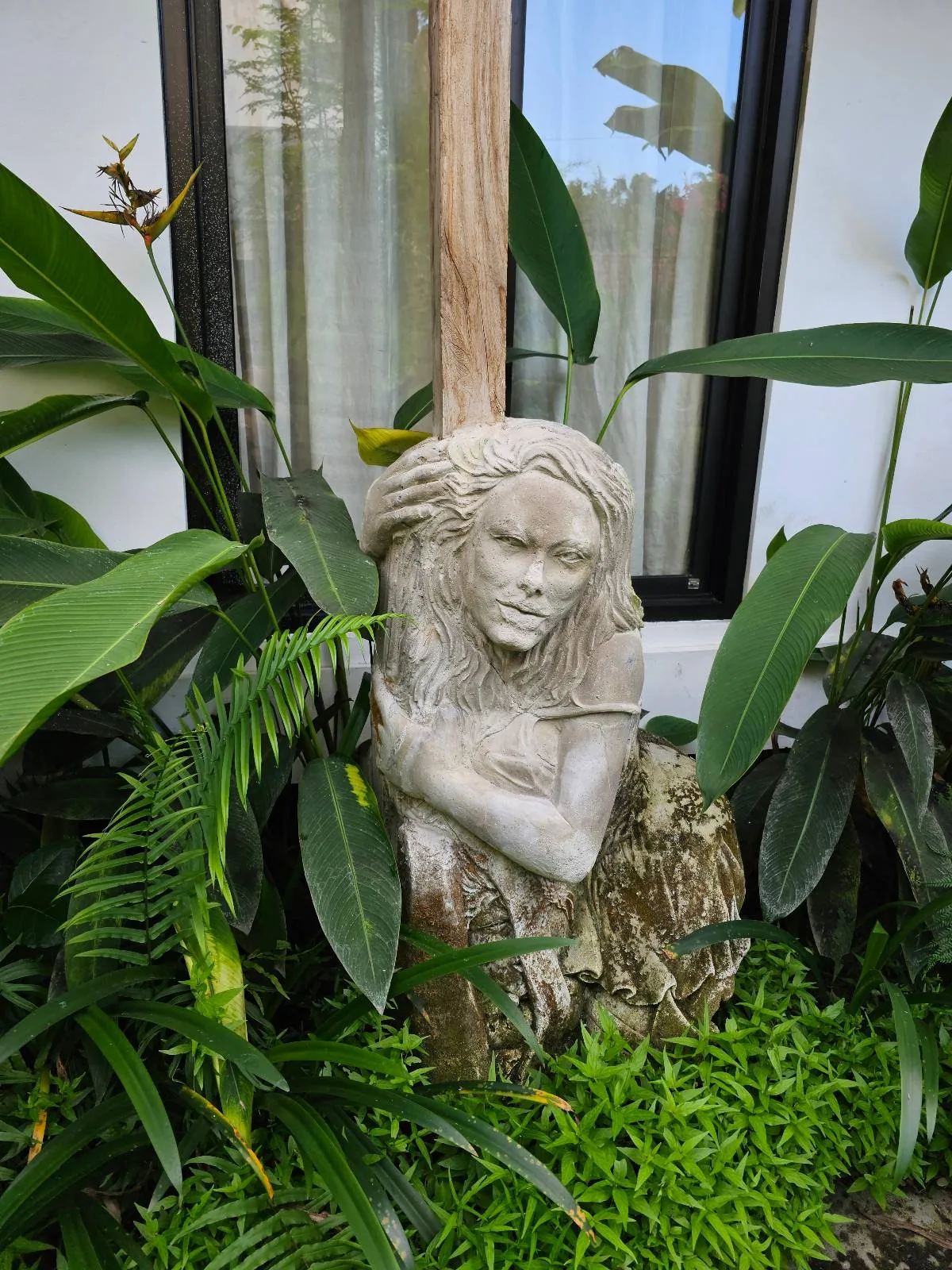 A stone sculpture of a contemplative woman surrounded by lush green plants. The artwork is set against a backdrop of a white wall with a window, partially covered by a sheer curtain. The scene has a serene, natural outdoor ambiance.