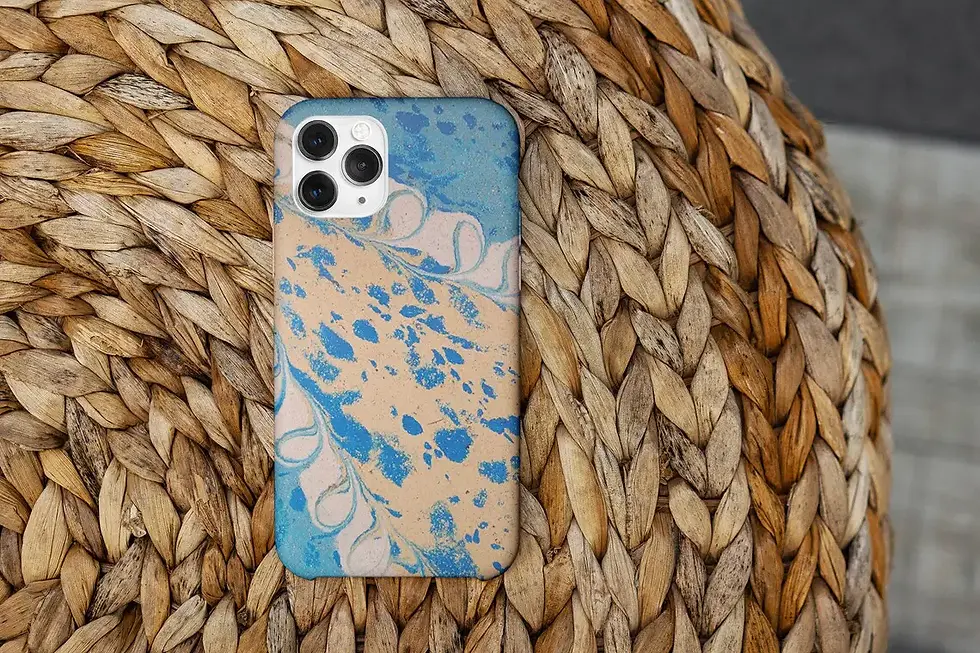 Smartphone case with blue and beige abstract design on wicker background